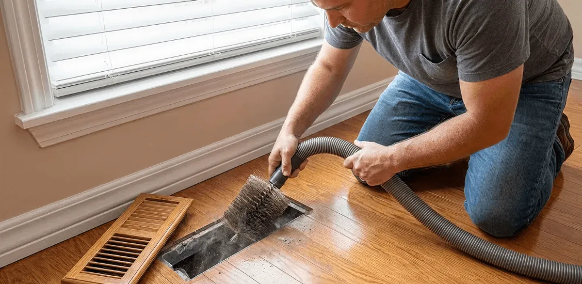 Air duct cleaning technician vacuuming a floor vent and duct opening in South Bend, IN