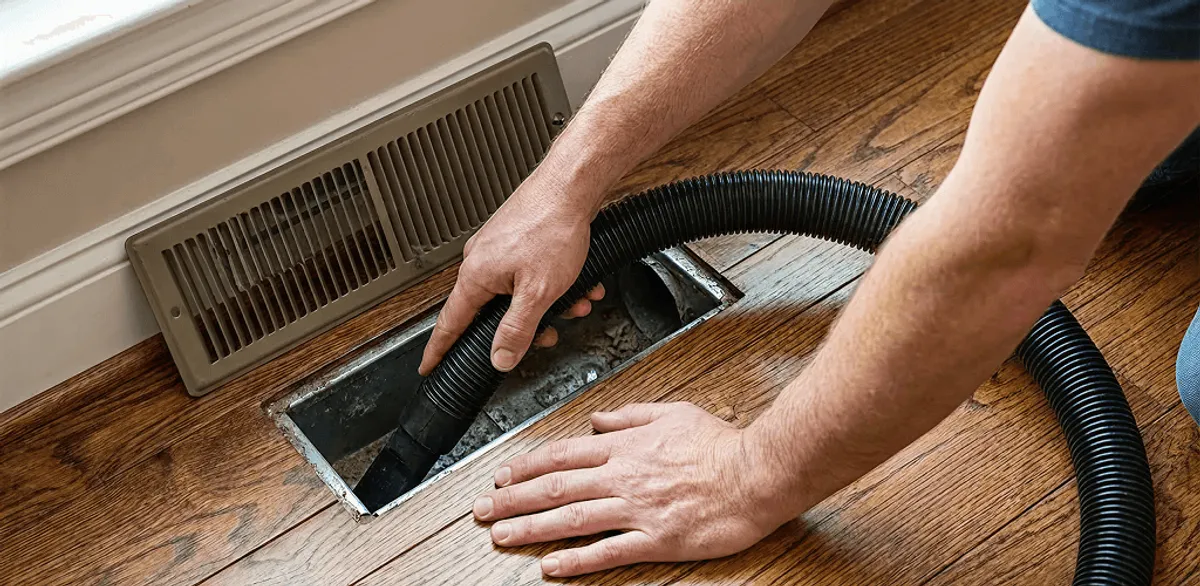 Air duct cleaning technician vacuuming a floor register and duct opening in South Bend, IN