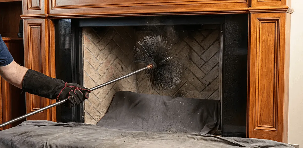 Chimney cleaning service brushing soot from a fireplace and flue in South Bend, IN