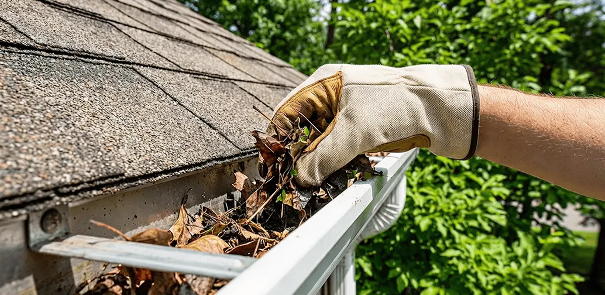 Gutter cleaning removing leaves and debris from roof gutters in South Bend, IN