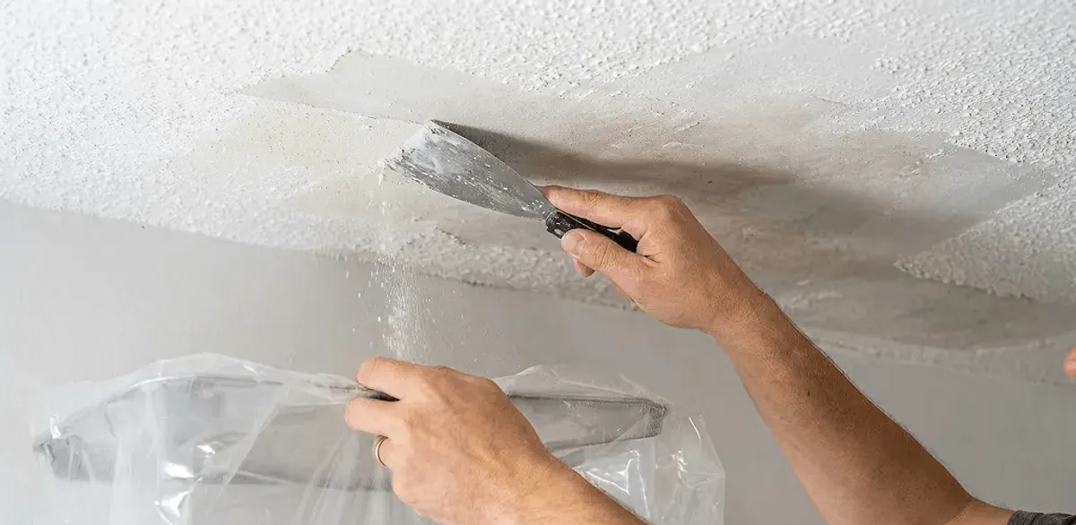Popcorn ceiling removal technician scraping texture from a ceiling in South Bend, IN